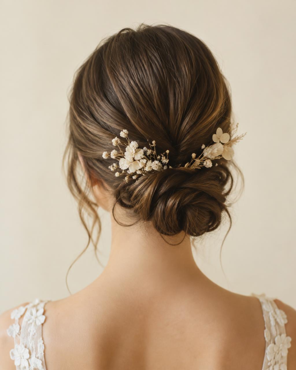Recogido bajo de novia con flores secas